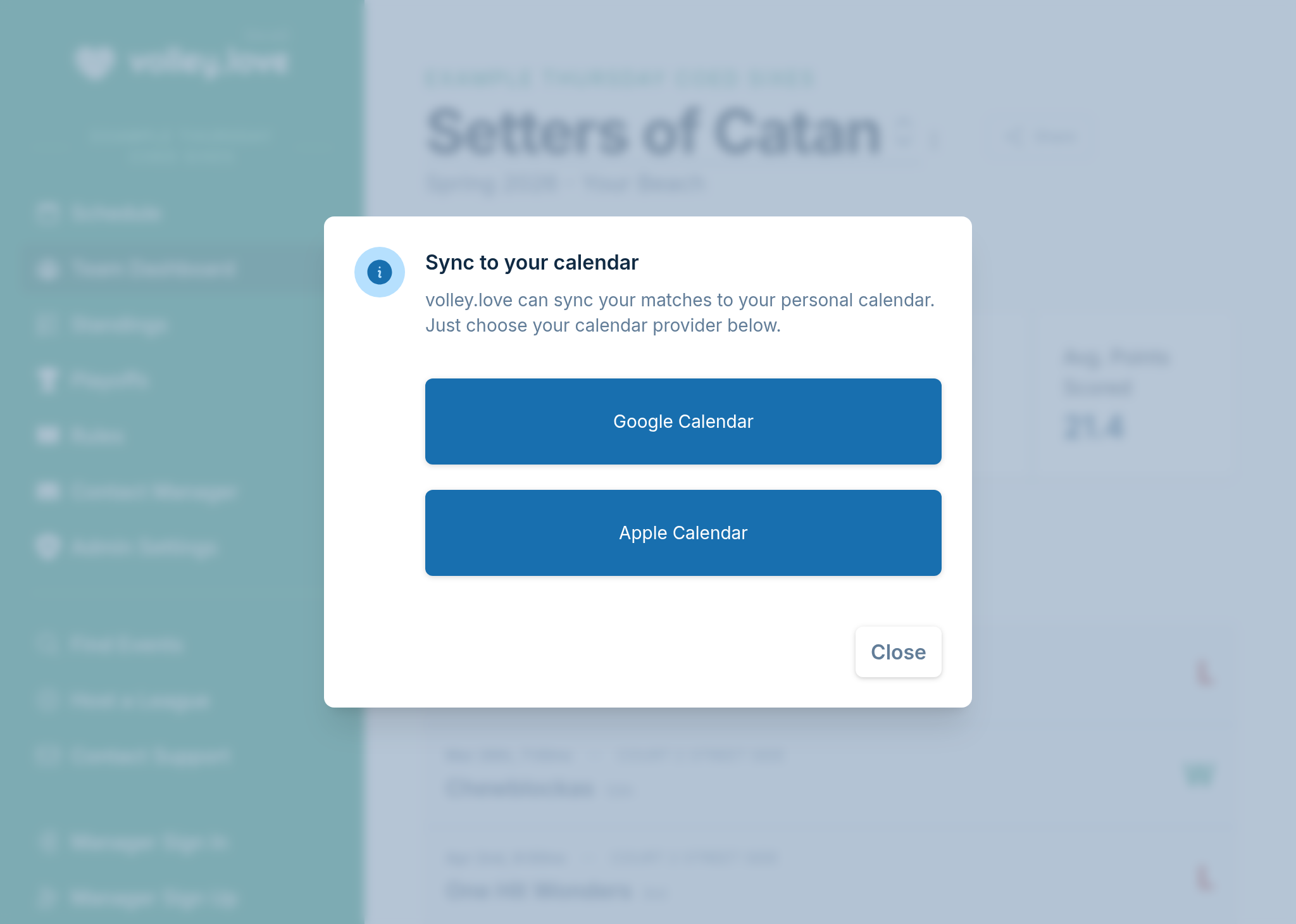 A screenshot showing the options of subscribing to a team calendar, which allows syncing to Google Calendar and Apple Calendar