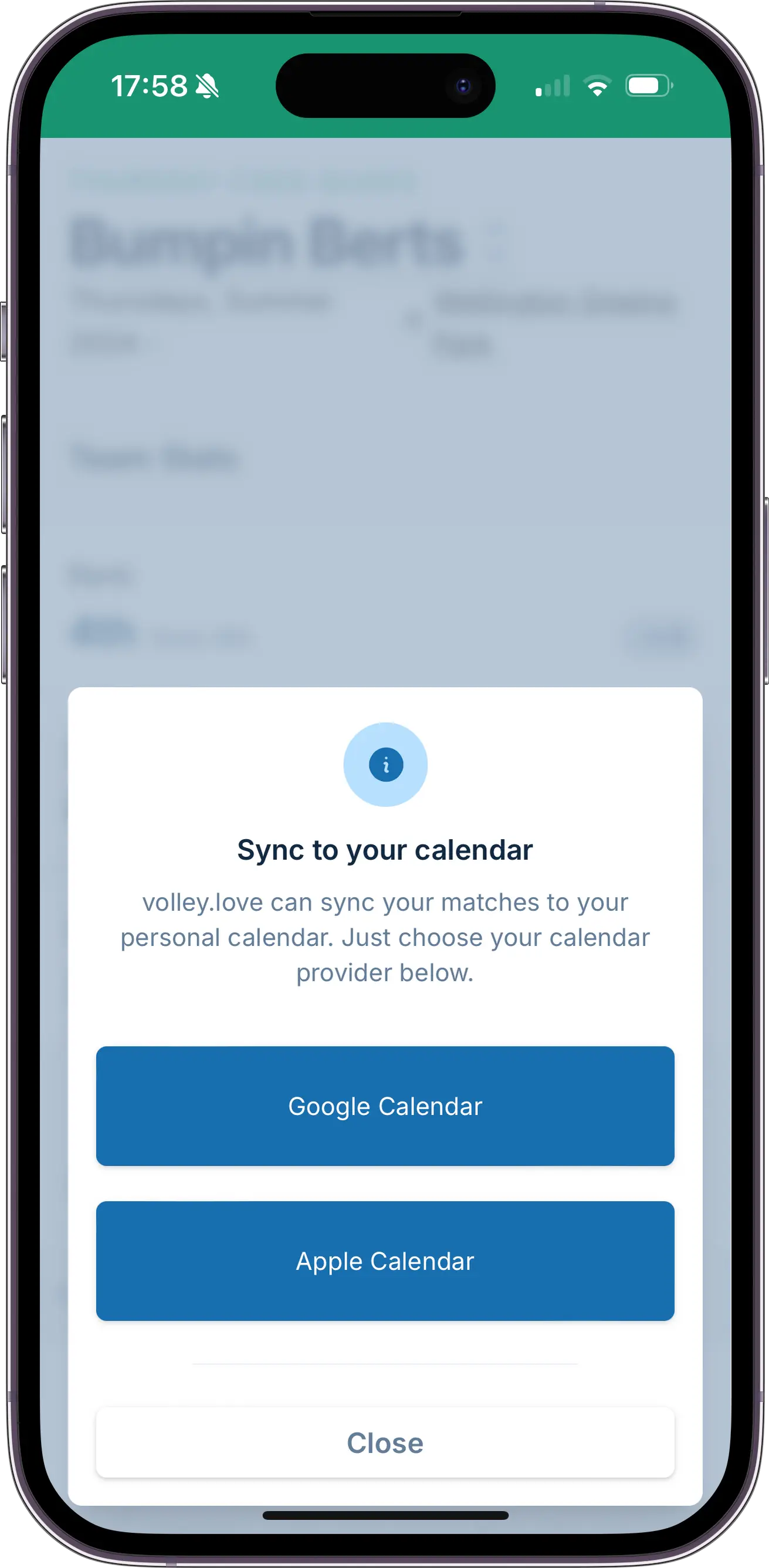 A screenshot showing the options of subscribing to a team calendar, which allows syncing to Google Calendar and Apple Calendar