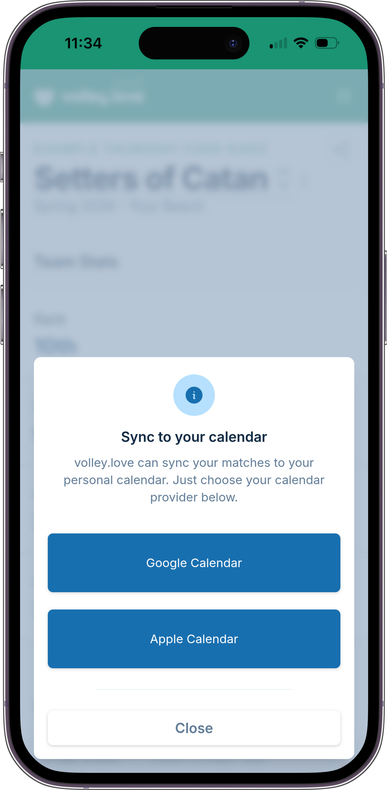 A screenshot showing the options of subscribing to a team calendar, which allows syncing to Google Calendar and Apple Calendar
