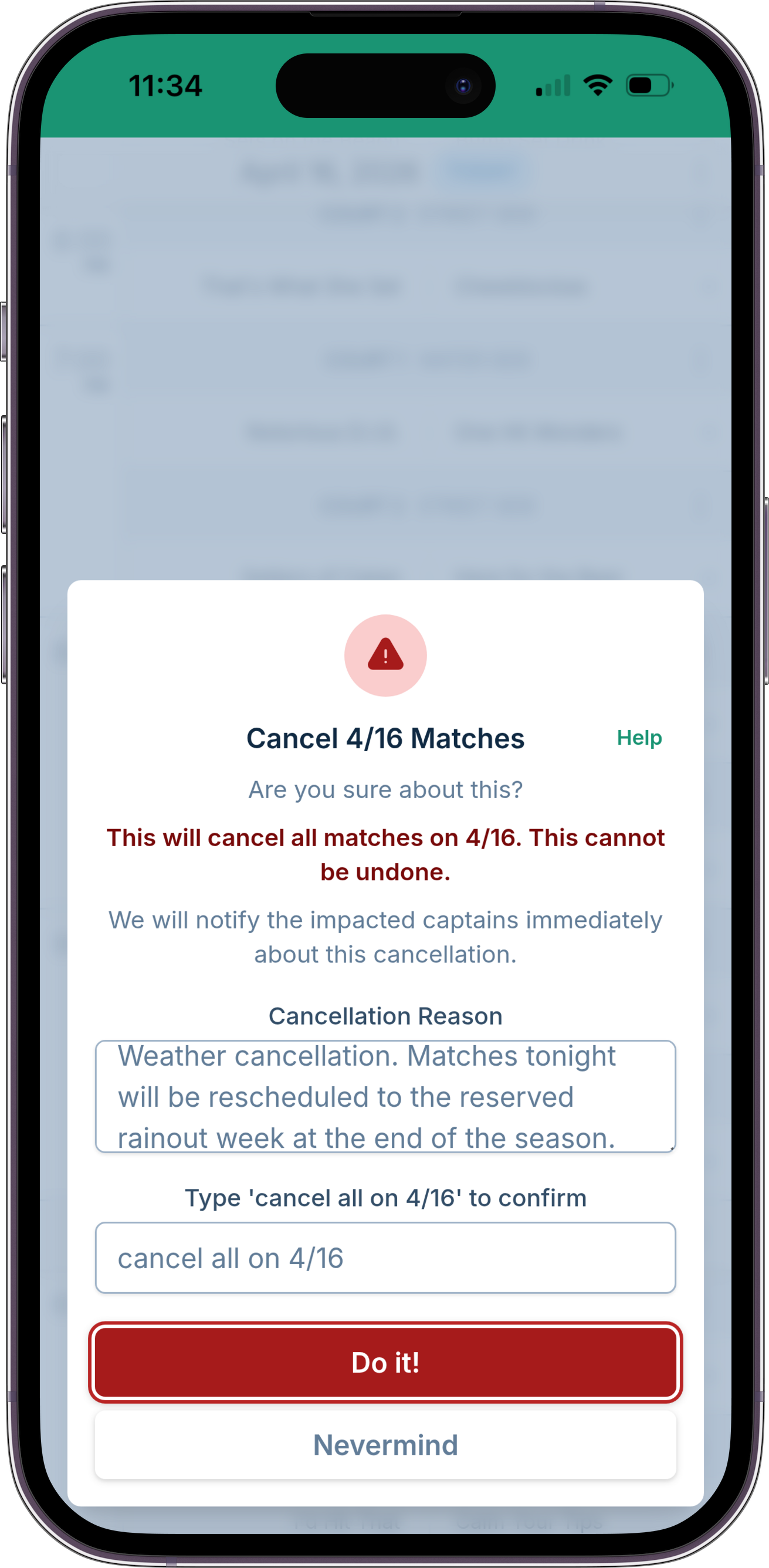A screenshot showing the match cancellation dialog, where the manager has decided to cancel matches and is providing a message to send to captains