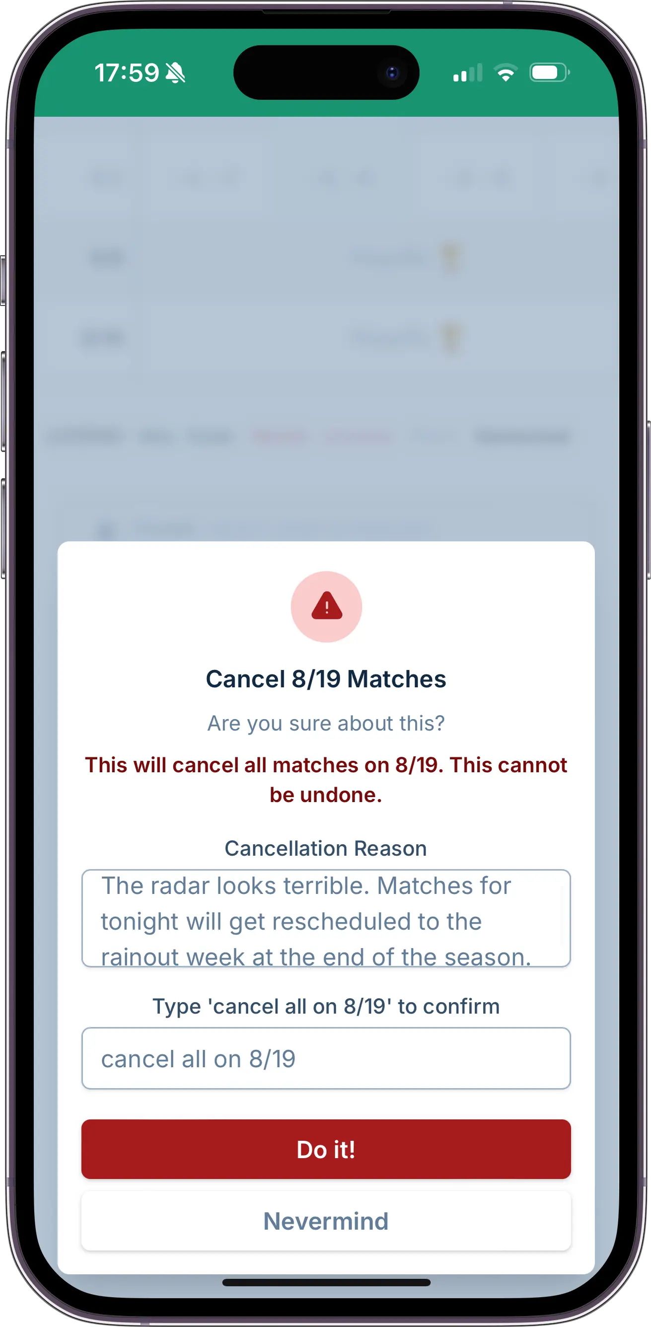 A screenshot showing the match cancellation dialog, where the manager has decided to cancel matches and is providing a message to send to captains