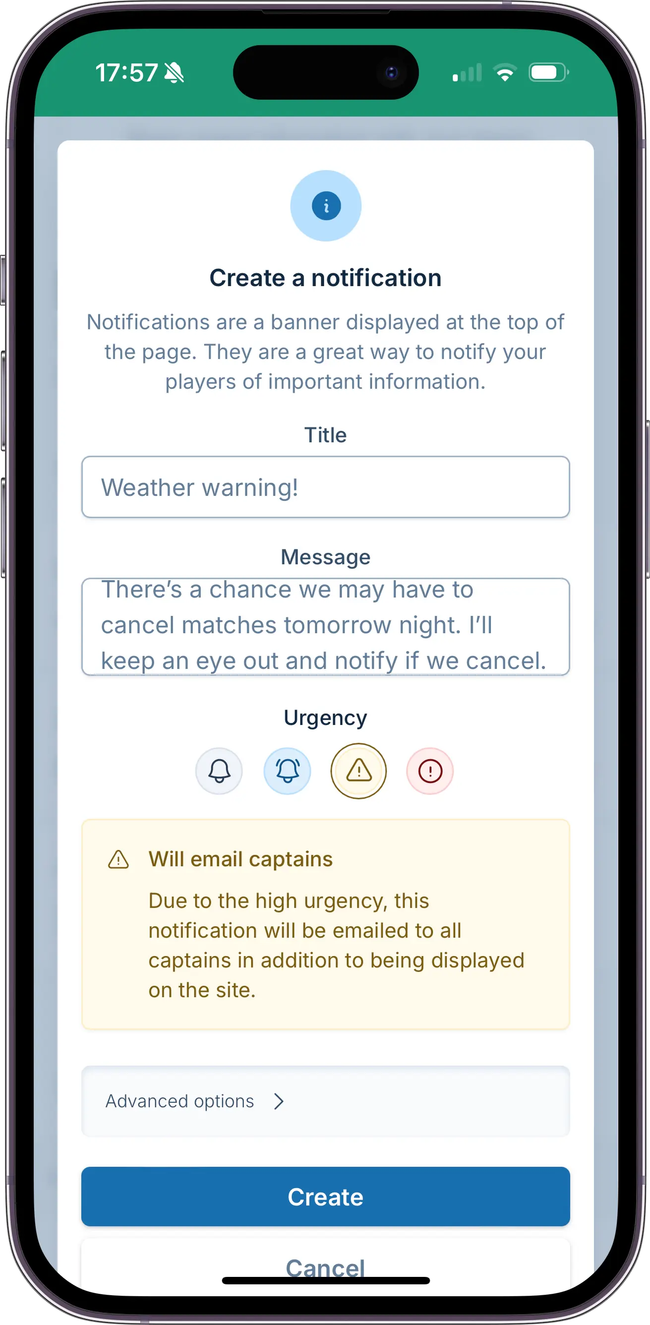 A screenshot showing the notification creation form, where a manager is notifying captains matches may be canceled if the radar doesn't improve