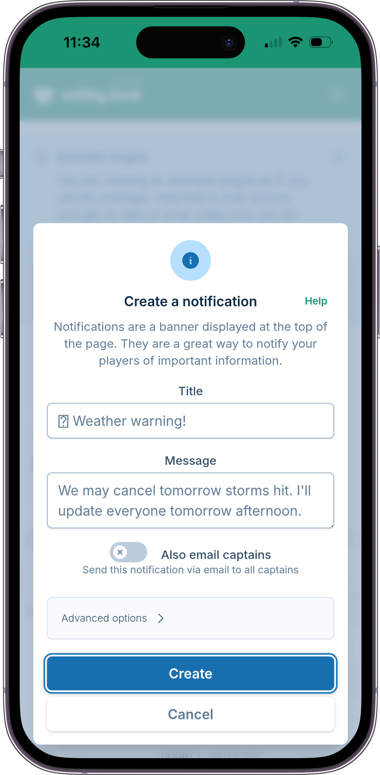 A screenshot showing the notification creation form, where a manager is notifying captains matches may be canceled if the radar doesn't improve