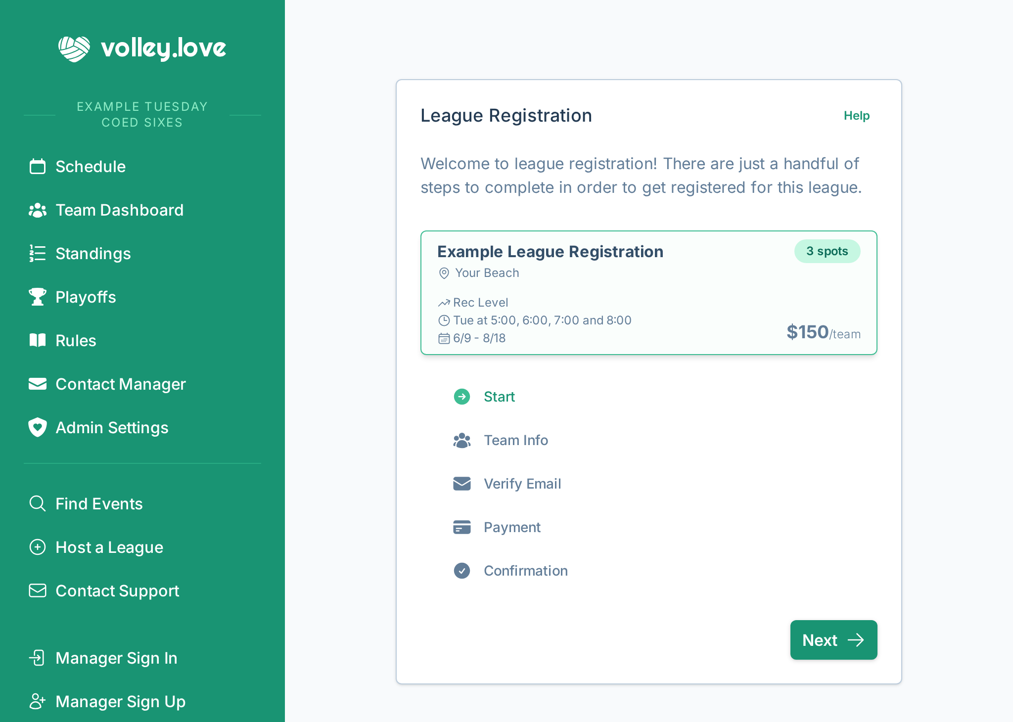 A screenshot of the team registration experience