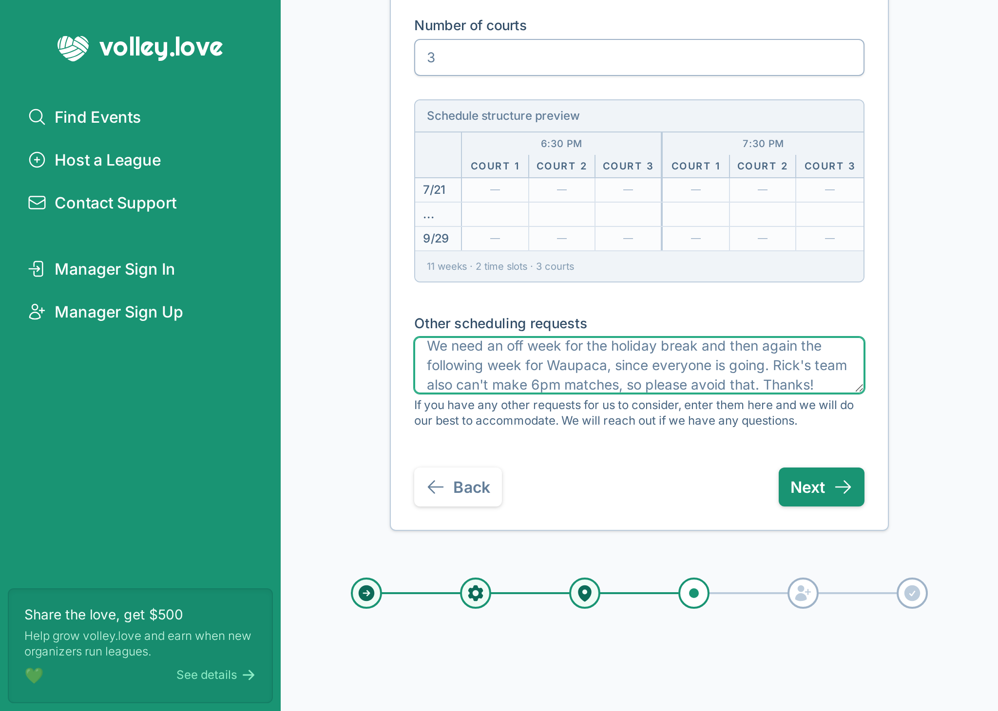 A screenshot of the league creation wizard where a league manager can enter scheduling constraints and preferences