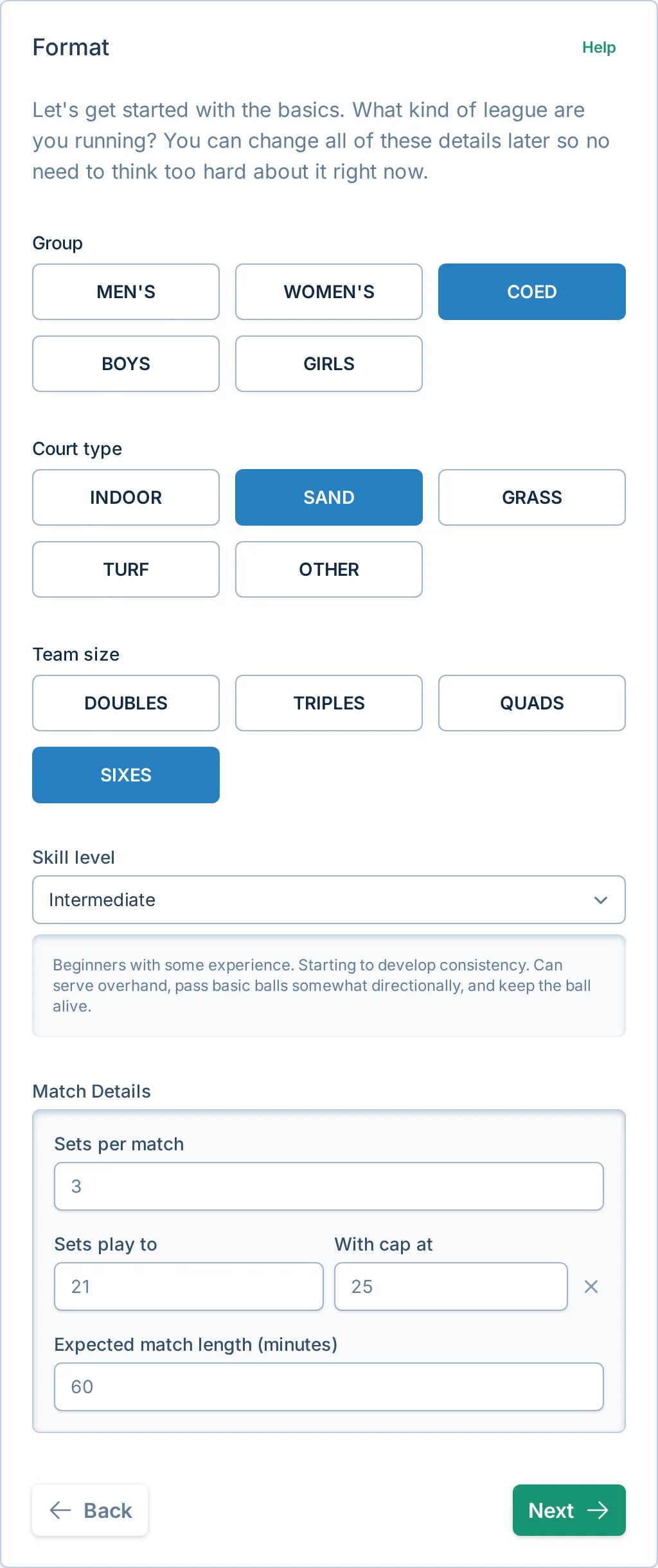 Create league format step in volley.love, a volleyball league setup platform