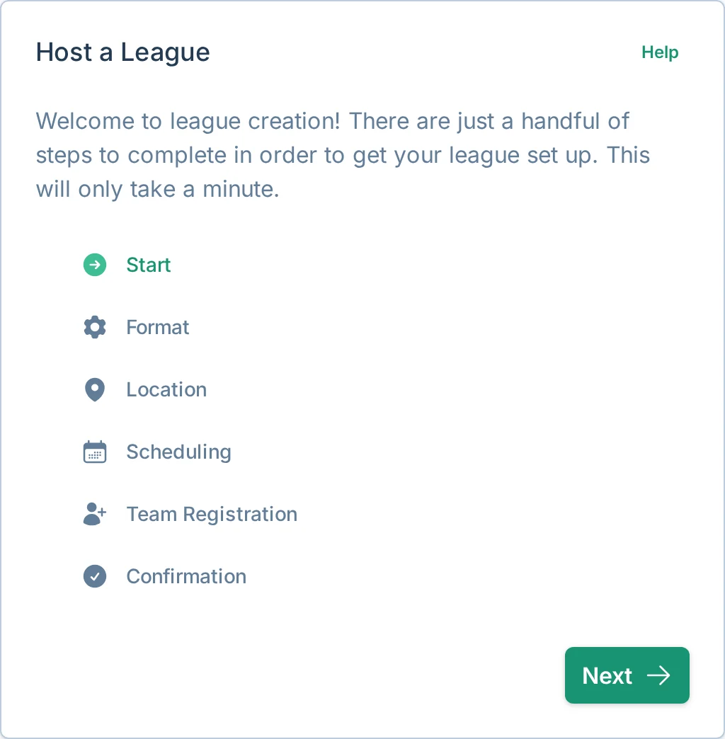 Create league wizard start screen in volley.love, a volleyball league launch platform