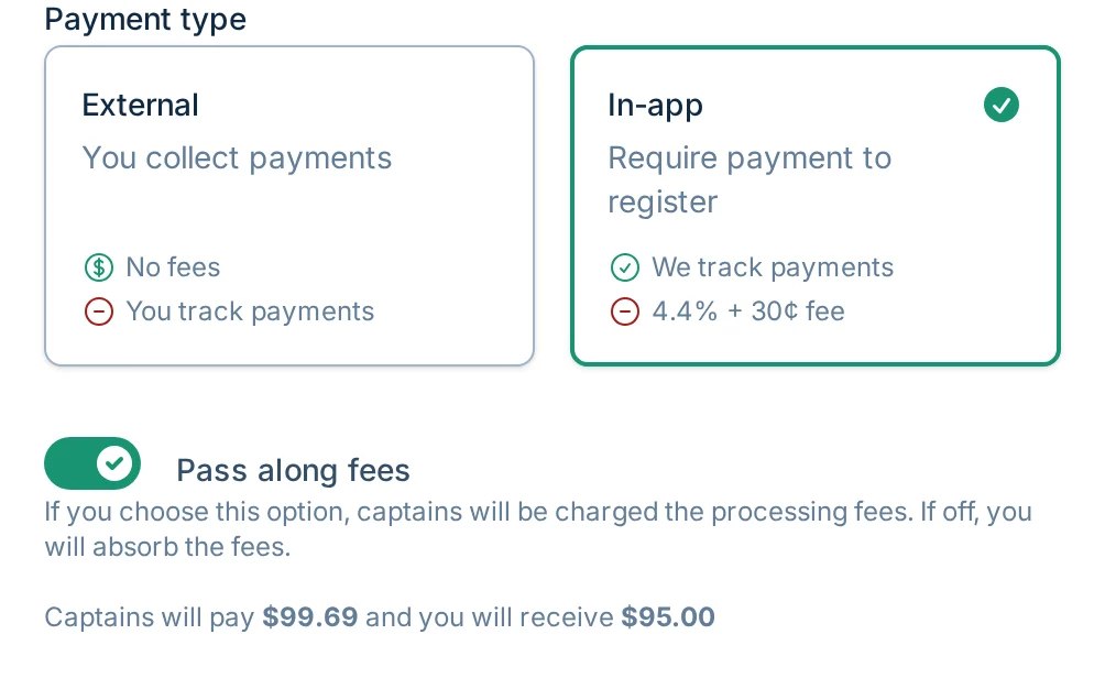 Pass along fees option in volley.love, a volleyball checkout and registration tool