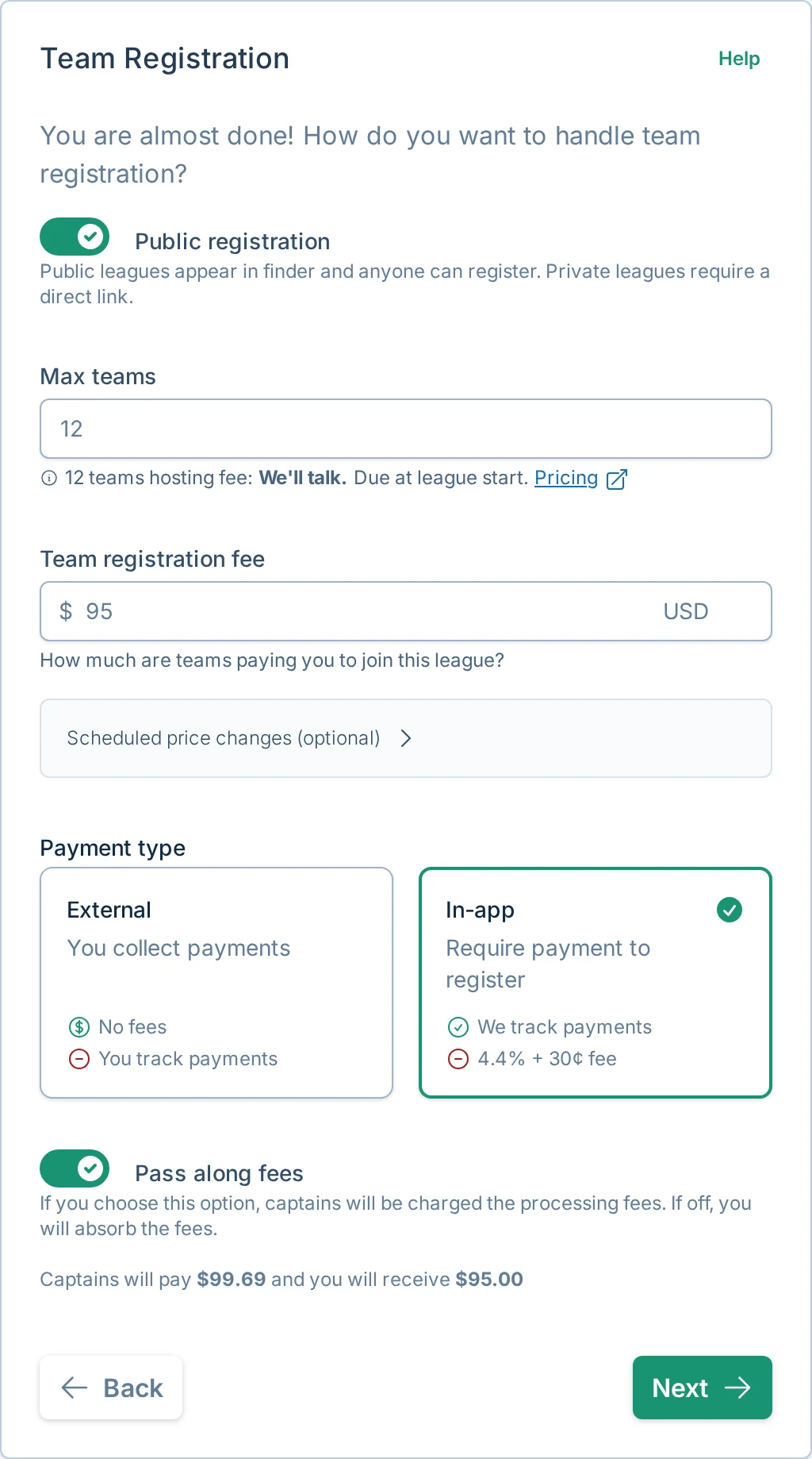 Create league team registration step in volley.love, a volleyball signup and payments platform