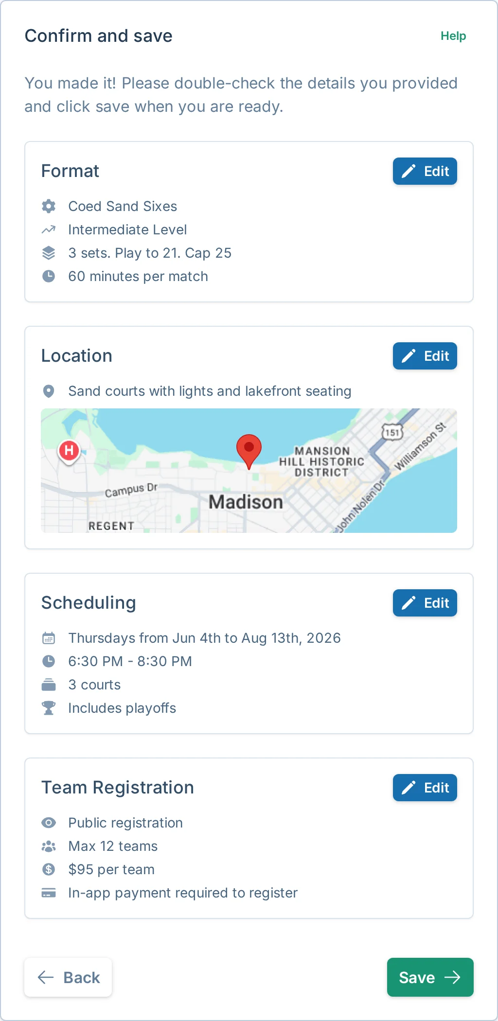 Create league review and save step in volley.love, a volleyball league launch app