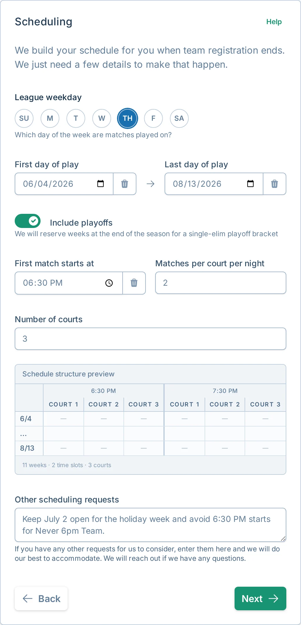 Create league scheduling step in volley.love, a volleyball schedule builder for league managers