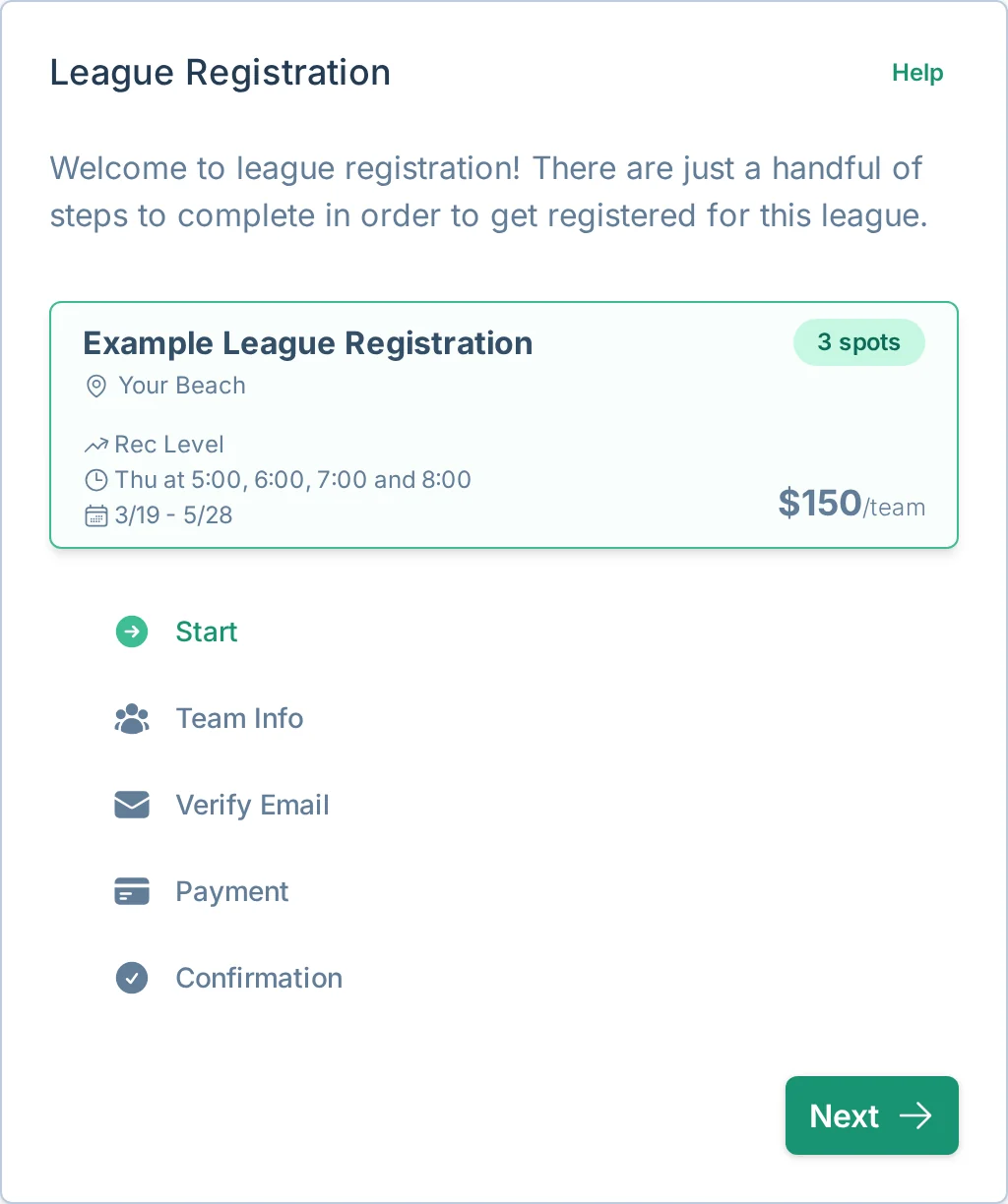 Team registration start form in volley.love, a volleyball registration app for rec teams