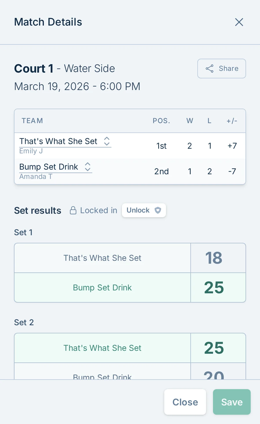 Report match scores form in volley.love, a volleyball score reporting tool