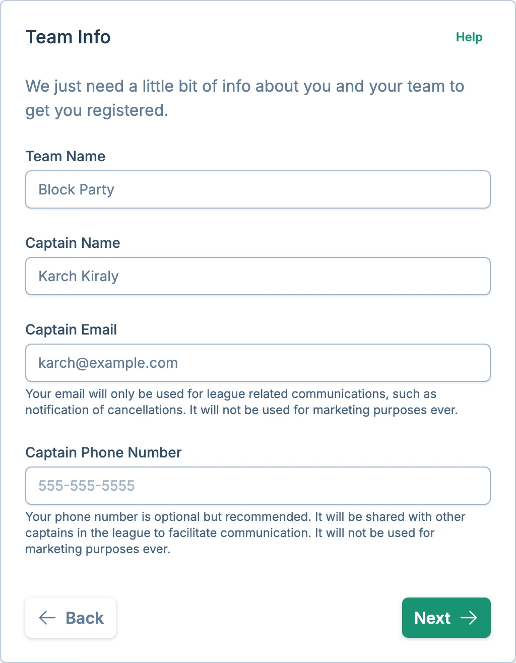 Team info step in the volley.love registration flow for adult volleyball leagues