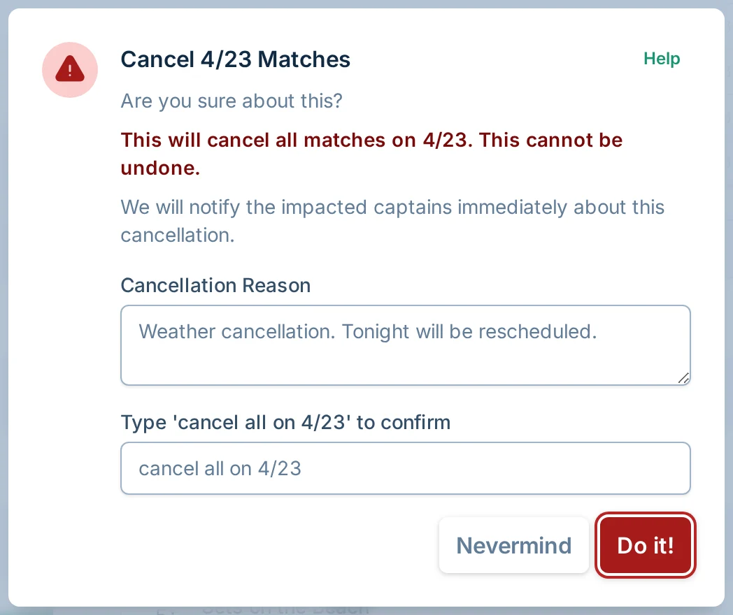 Cancel all matches confirmation dialog in volley.love, a volleyball organizer for league admins