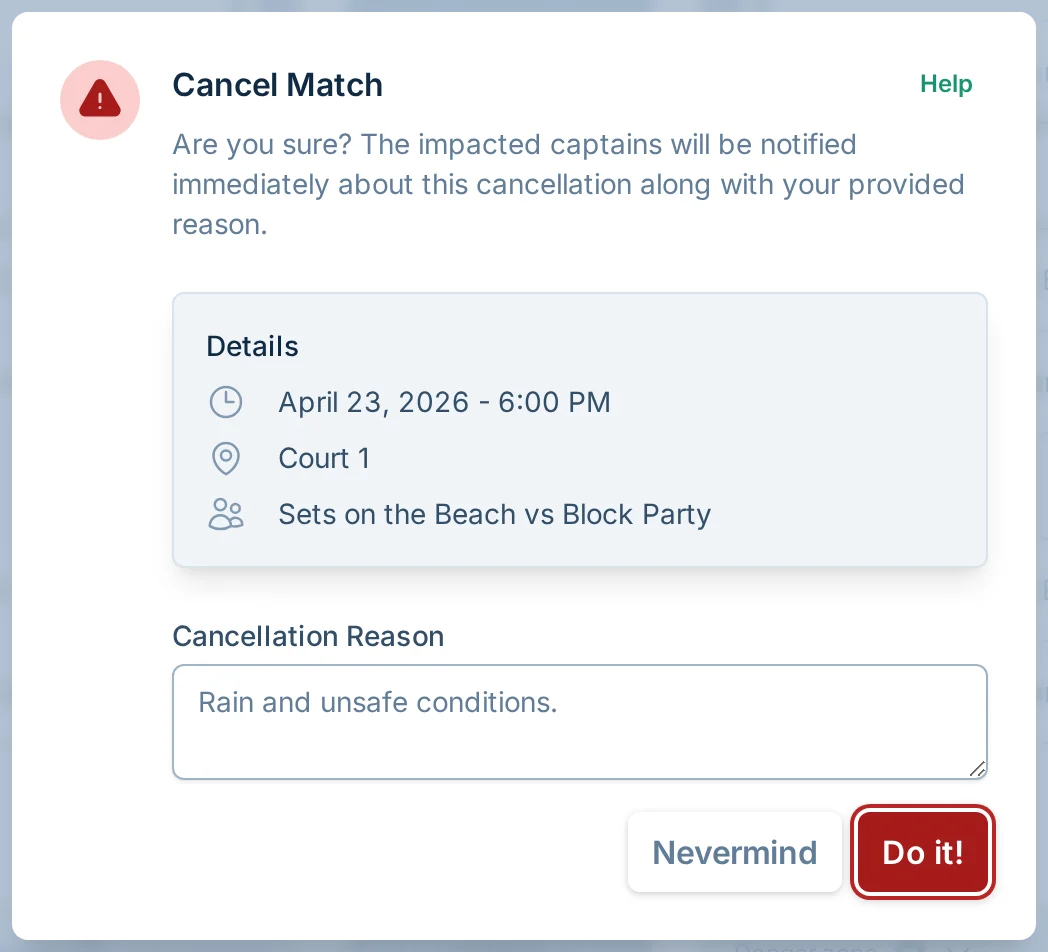 Cancel match dialog in volley.love, a volleyball league operations platform