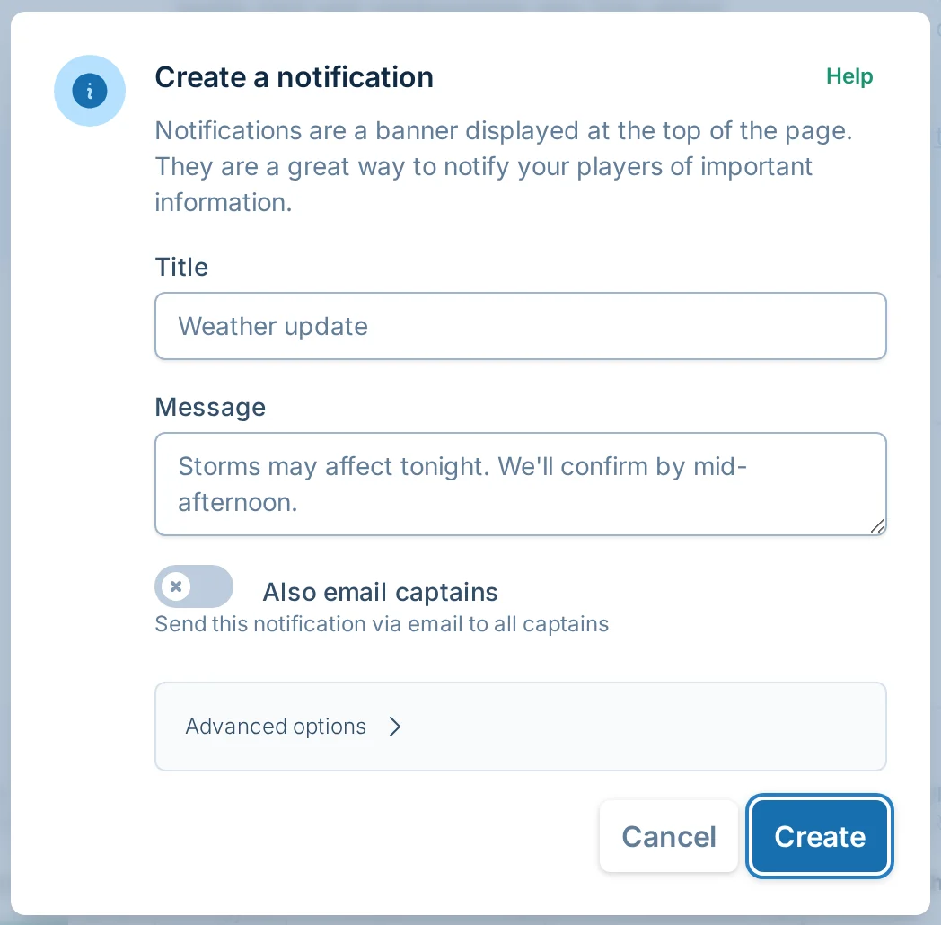 Create notification dialog in volley.love, a volleyball management platform