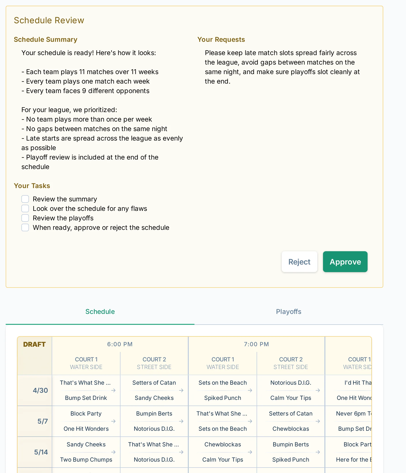 Schedule review screen in volley.love, a volleyball scheduling app for league managers