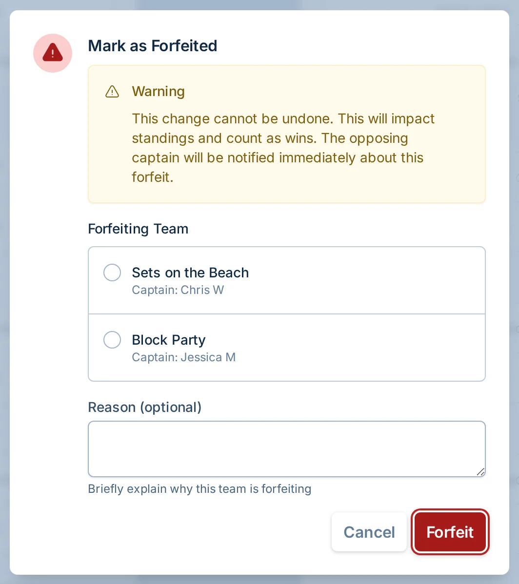 Forfeit or no-show dialog in volley.love, a volleyball league score reporting app