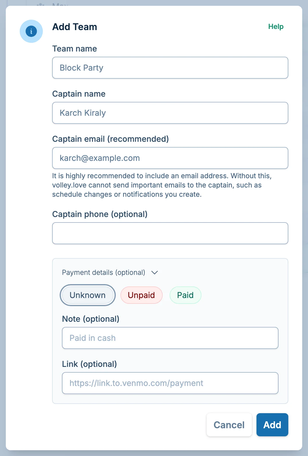 Add team dialog in volley.love, a volleyball team signup platform