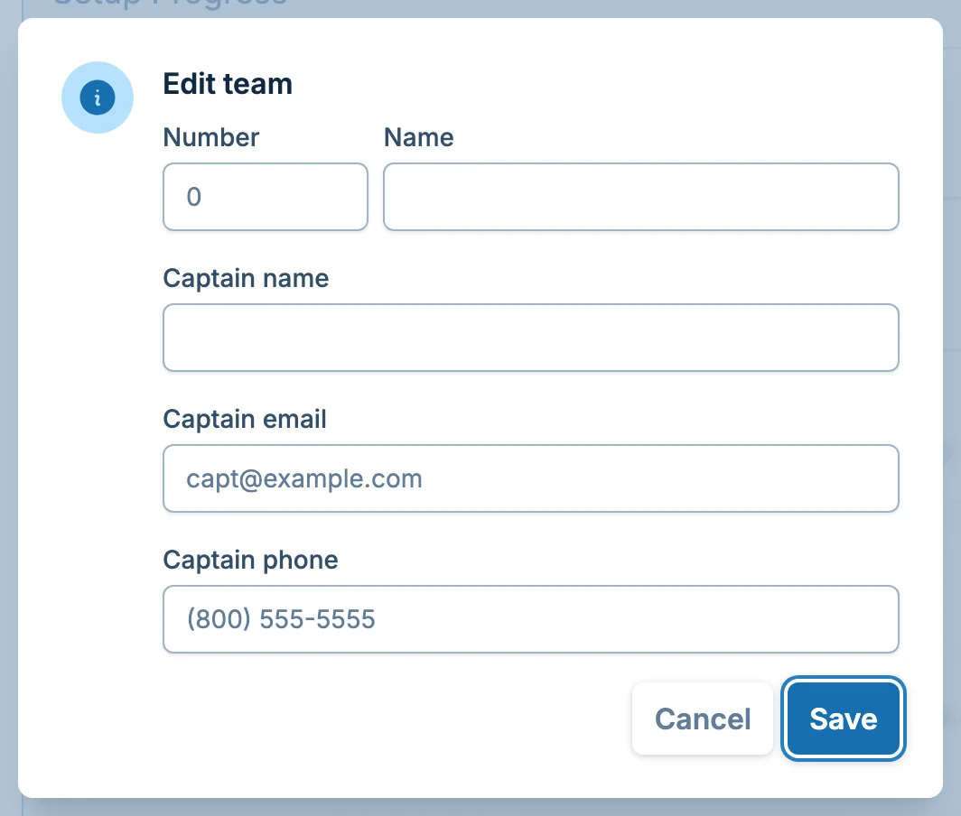 Edit team dialog in volley.love, a volleyball league admin workspace