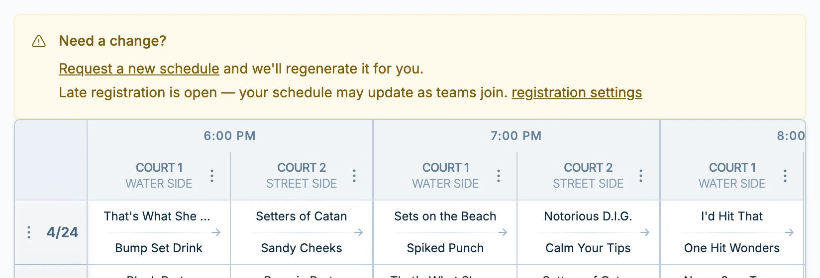 Late registration schedule change banner in volley.love, a volleyball schedule adjustment tool
