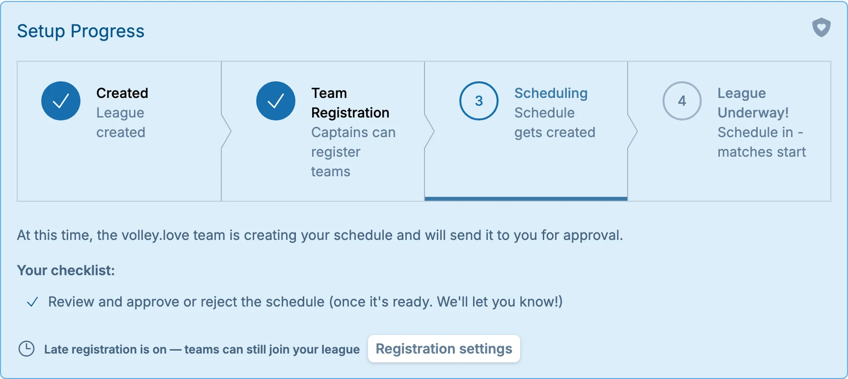 Late registration progress bar in volley.love, a volleyball signup workflow app