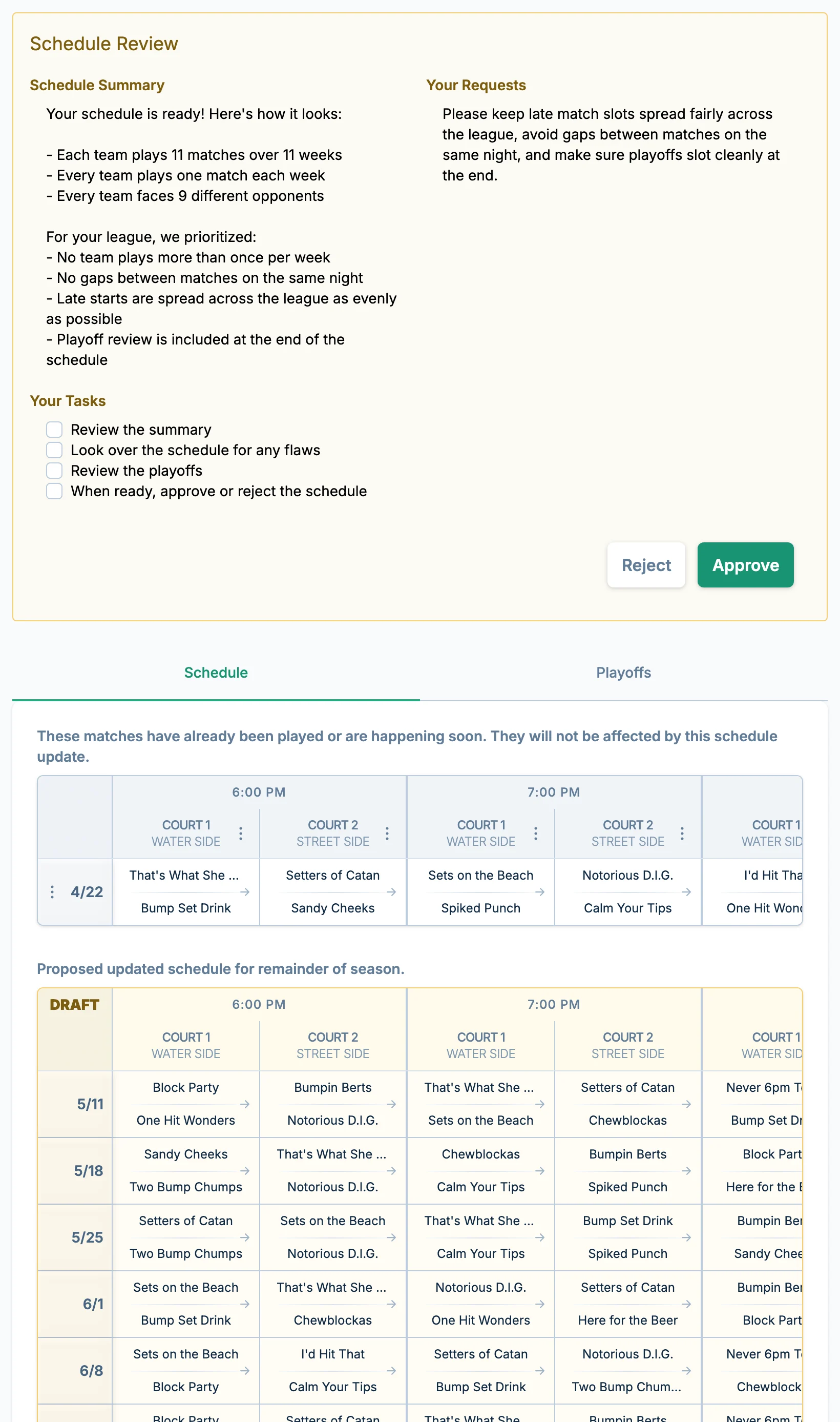 Late registration schedule review in volley.love, a volleyball scheduling platform for late entries