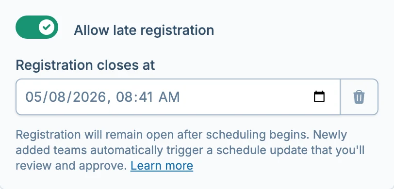 Late registration settings in volley.love, a volleyball registration management platform