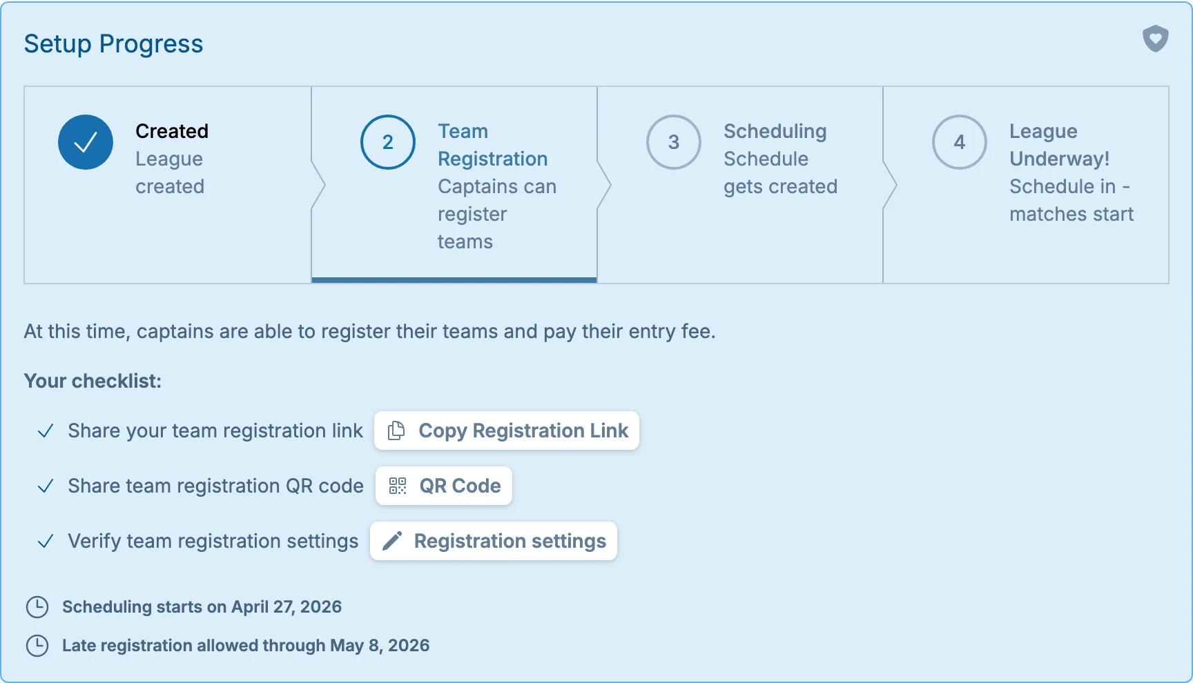 League setup progress bar in volley.love, a volleyball registration workflow tool