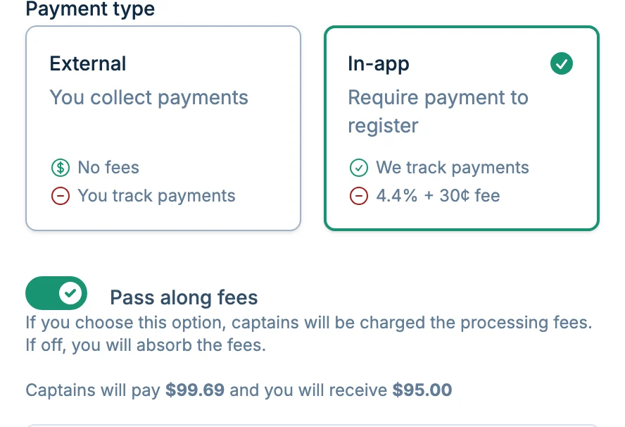 Pass along fees option in volley.love, a volleyball checkout tool for registrations