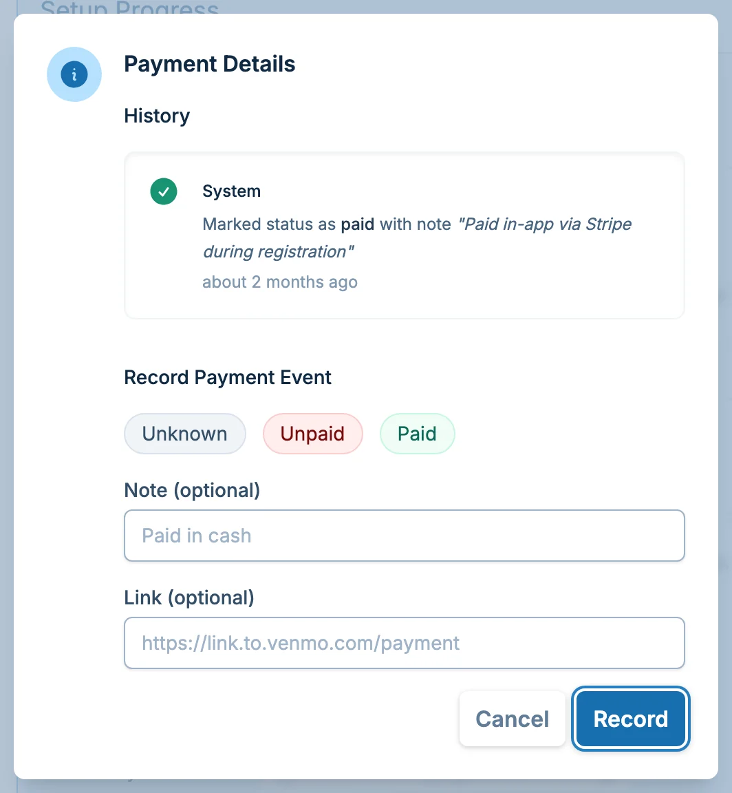 Team payment details dialog in volley.love, a volleyball registration payments dashboard
