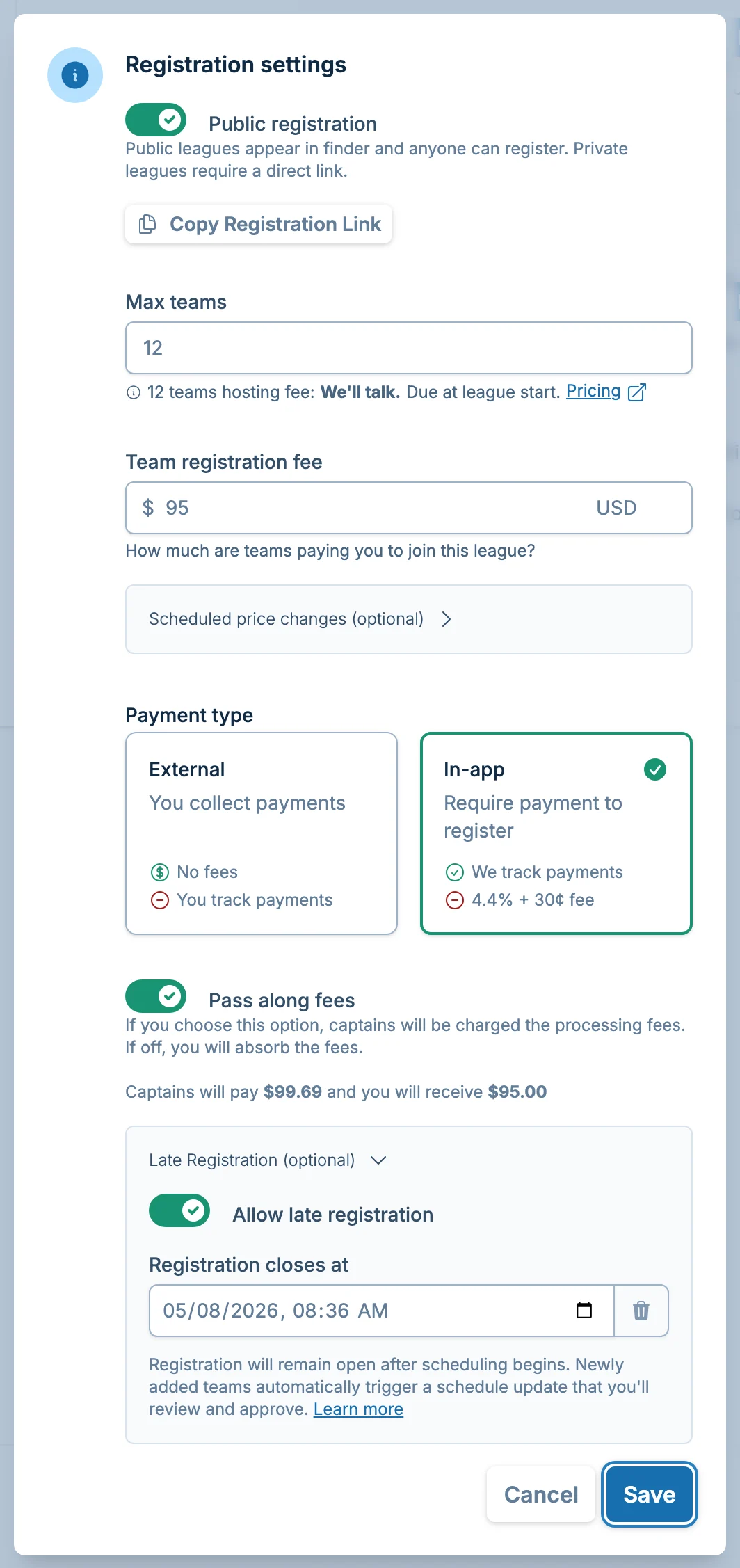 League registration settings in volley.love, a volleyball registration and payments app