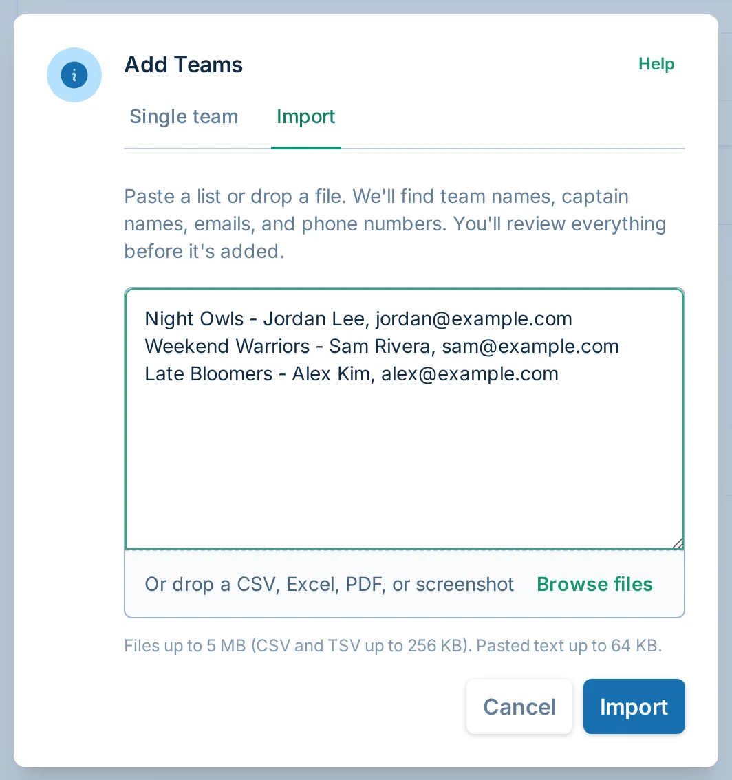Import teams dialog in volley.love, a volleyball team management tool