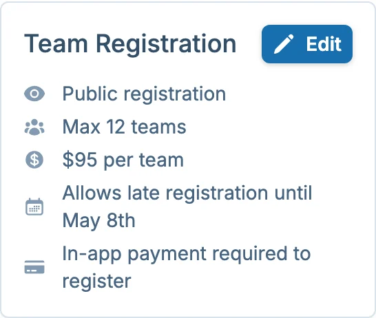 Team registration summary in volley.love, a volleyball signup platform for league managers